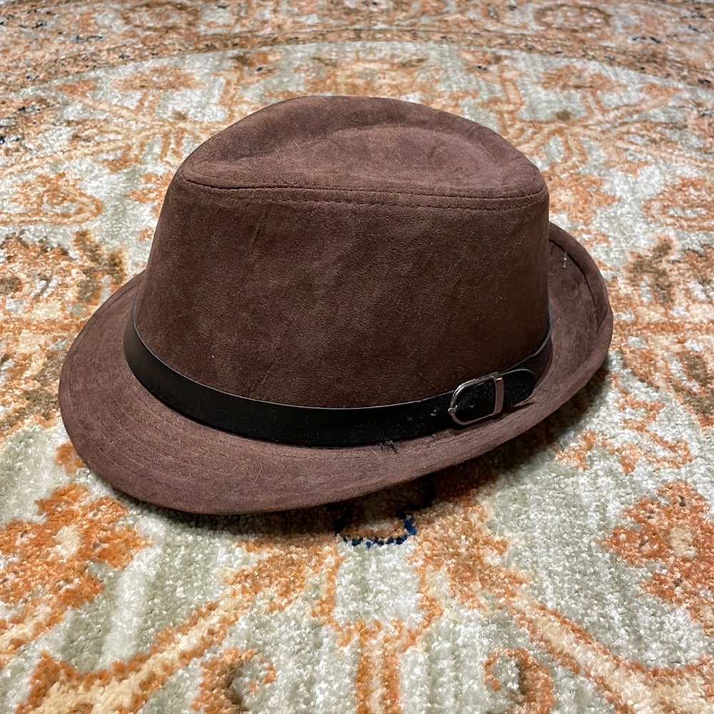Brown Faux Suede Fedora Hat With Leather Band